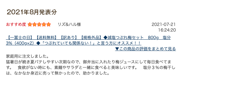 レビュー賞8月